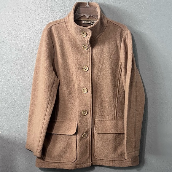 LL Bean Bellandi 100% Wool Coat Womens Sz XL Tan Mid Length Jacket Italy Vintage - Picture 1 of 6